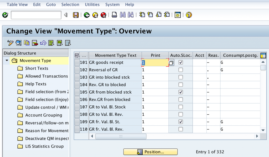 movement type assignment to item category