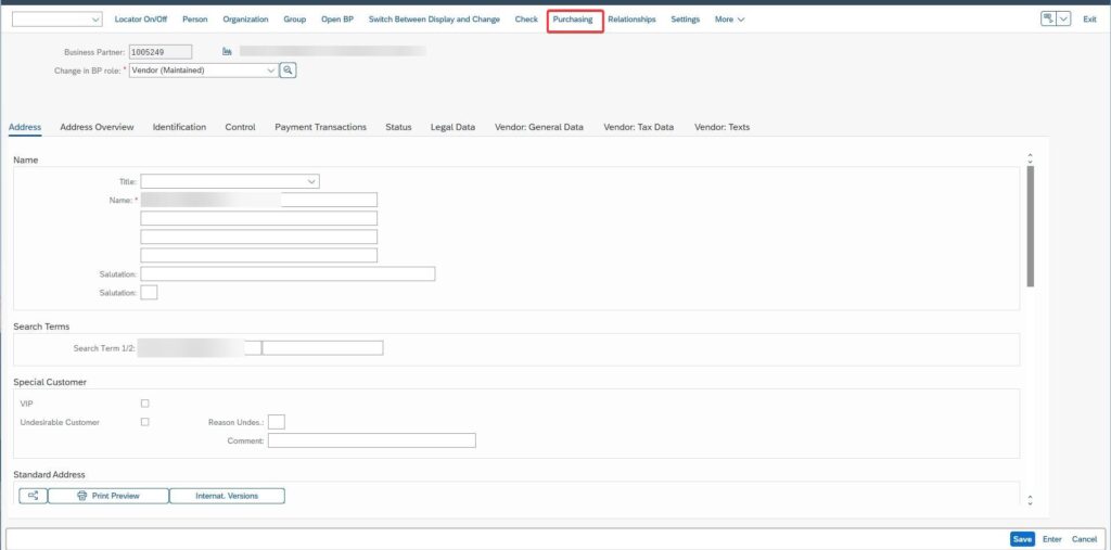 Purchasing view BP SAP