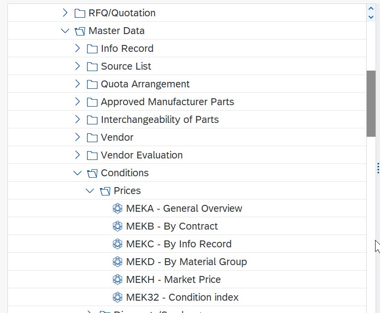 MEKB or by following the route: Logistics - Materials Management - Purchasing - Master Data -Conditions - Prices - By Contract