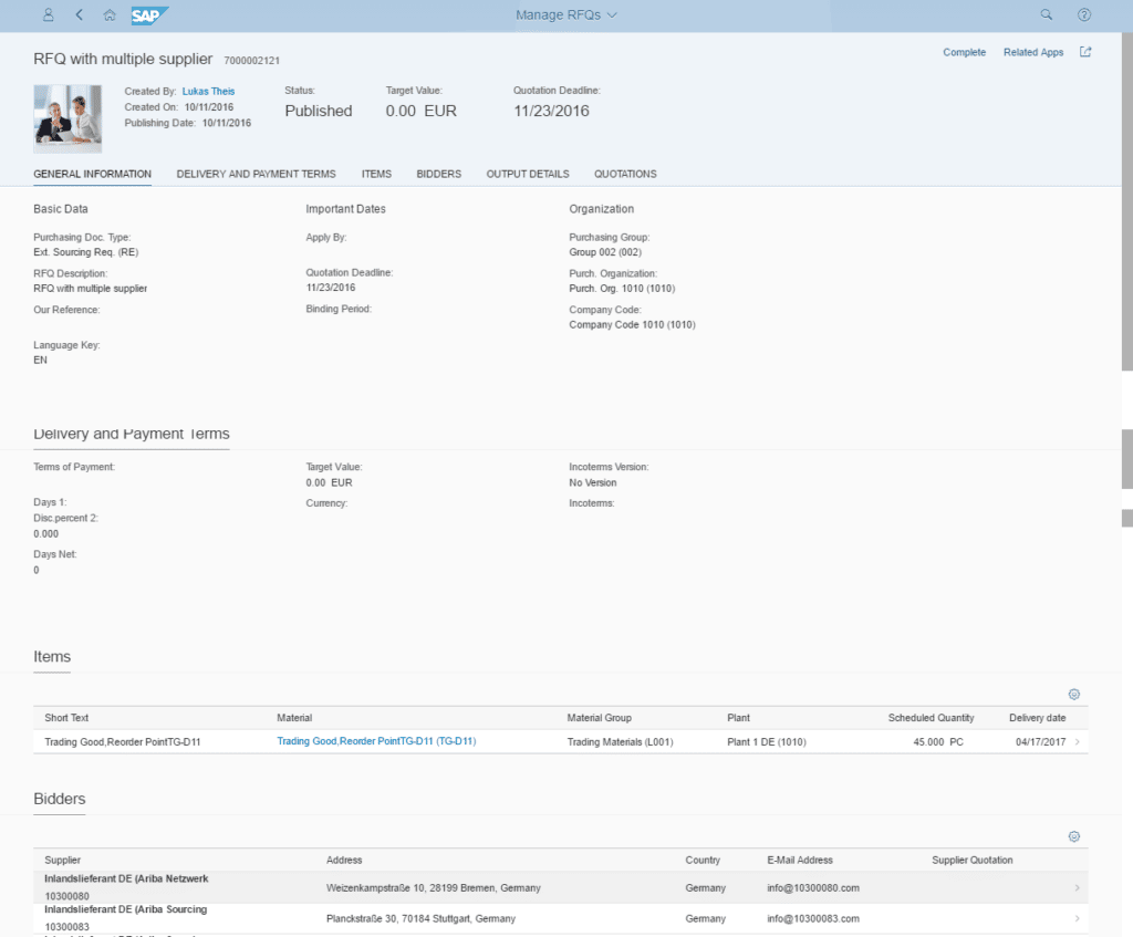 Manage RFQ in SAP Fiori S4/HANA 2022